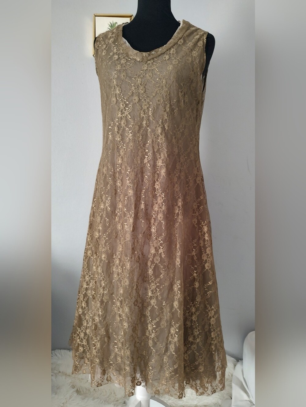 Korean Drees Sheer Gold Lace A-Line Sleeveless